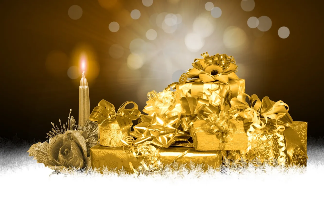 Photo wallpaper snowflakes, abstraction, gift, roses, candles, gold, Christmas, a carpet of snowflakes