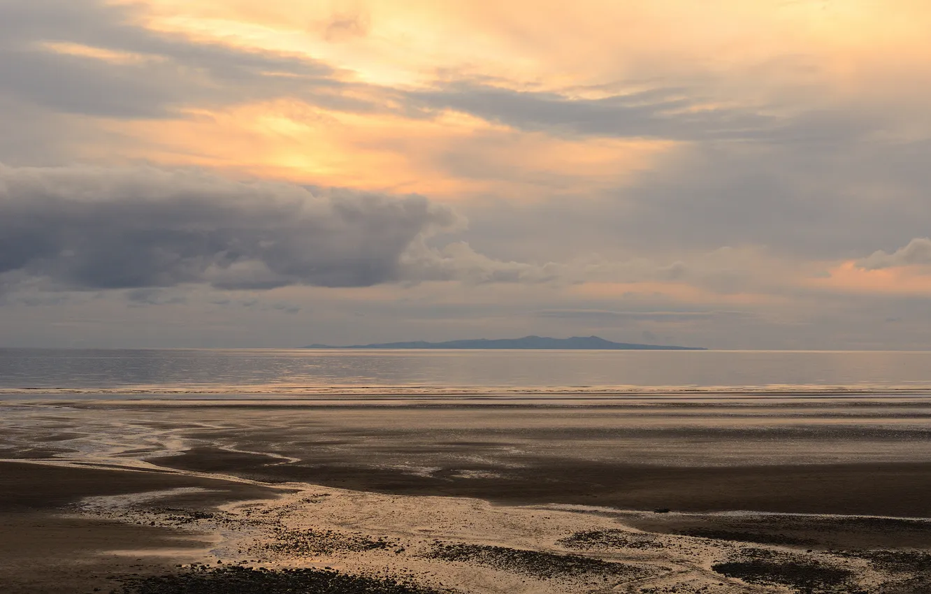 Photo wallpaper sea, beach, clouds, dawn, island