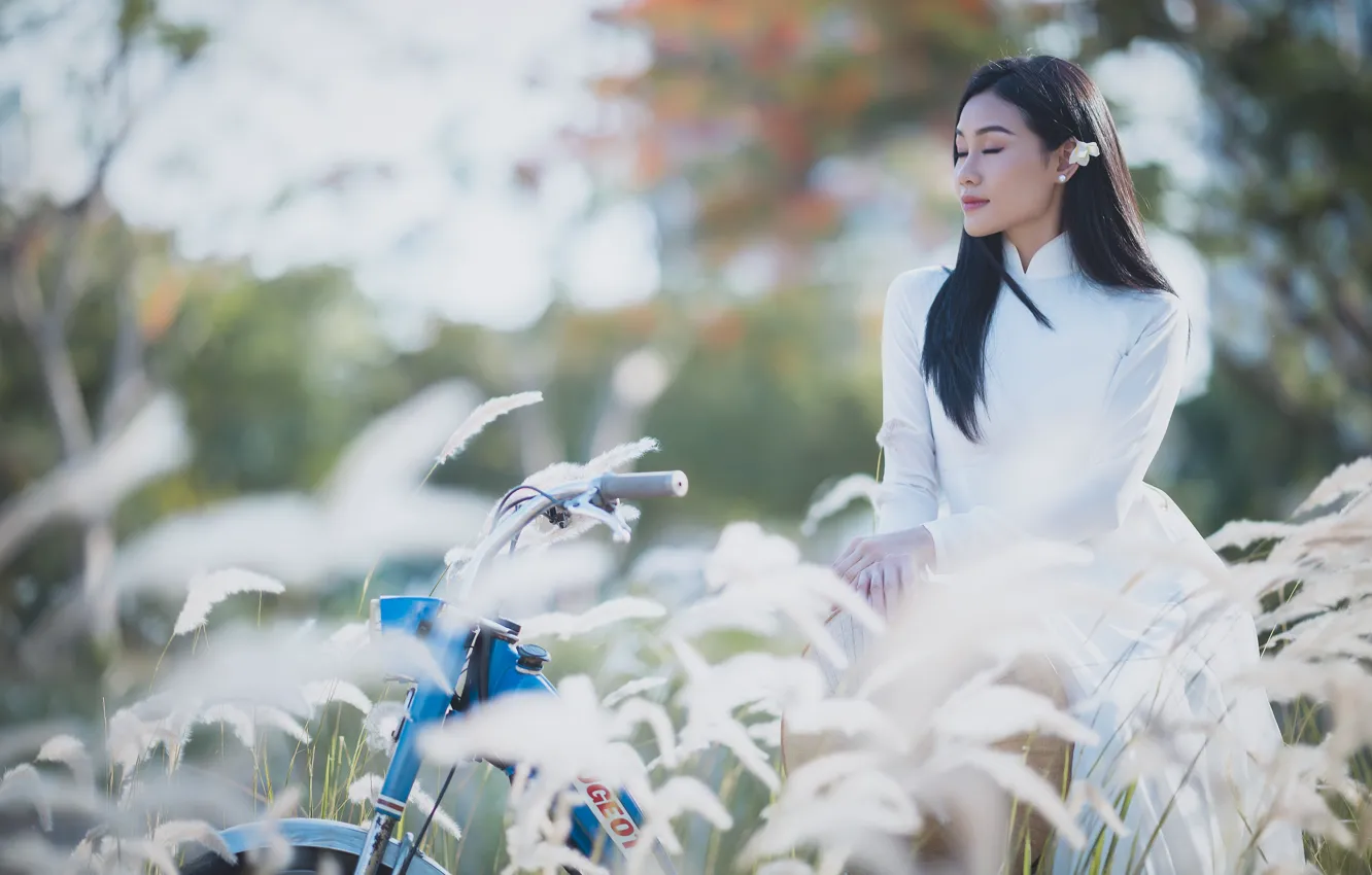 Photo wallpaper girl, nature, bike, spikelets, Asian