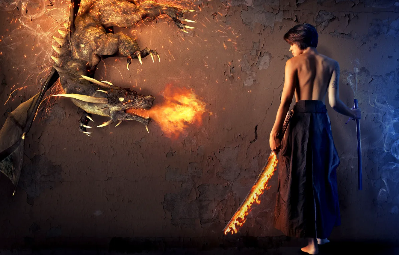 Photo wallpaper girl, fire, dragon