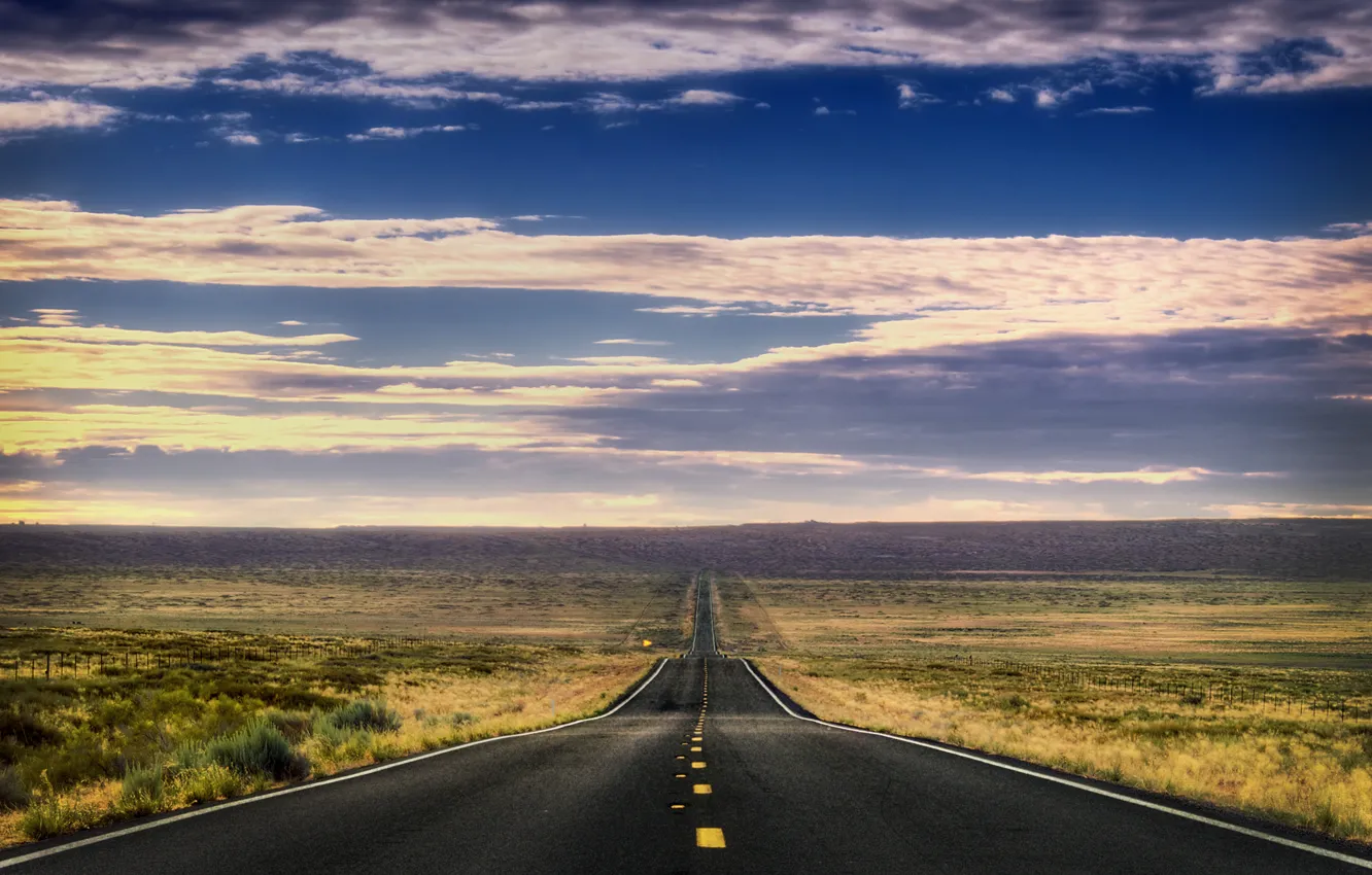 Photo wallpaper road, the sky, grass, clouds, mountains, nature, the way, the way