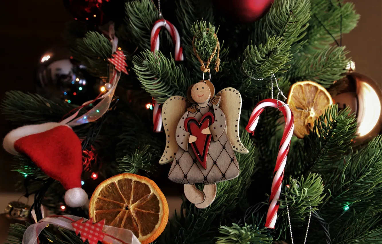 Photo wallpaper decoration, holiday, toys, new year, Christmas, angel, oranges, candy