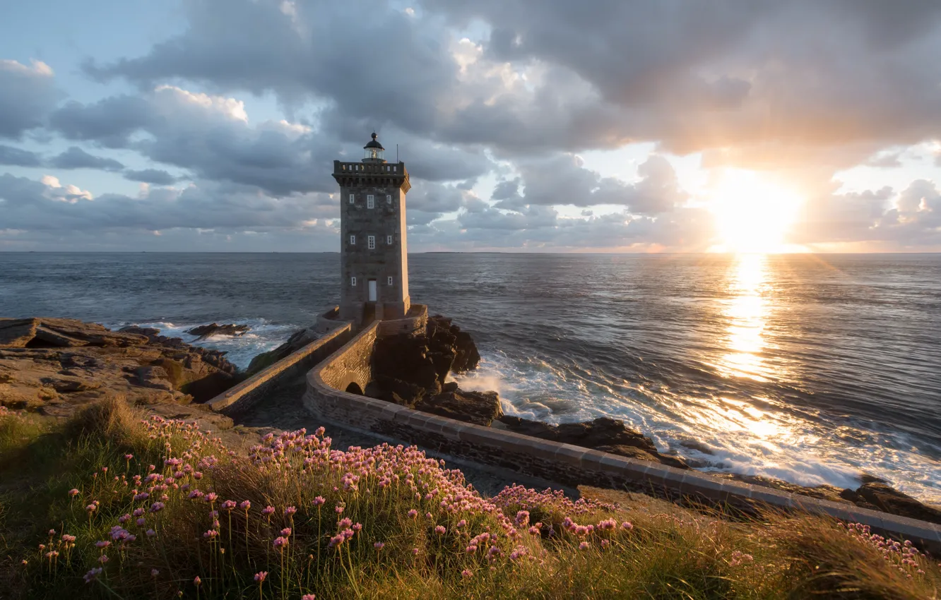 Photo wallpaper sunset, flowers, the ocean, coast, France, lighthouse, France, The Atlantic ocean