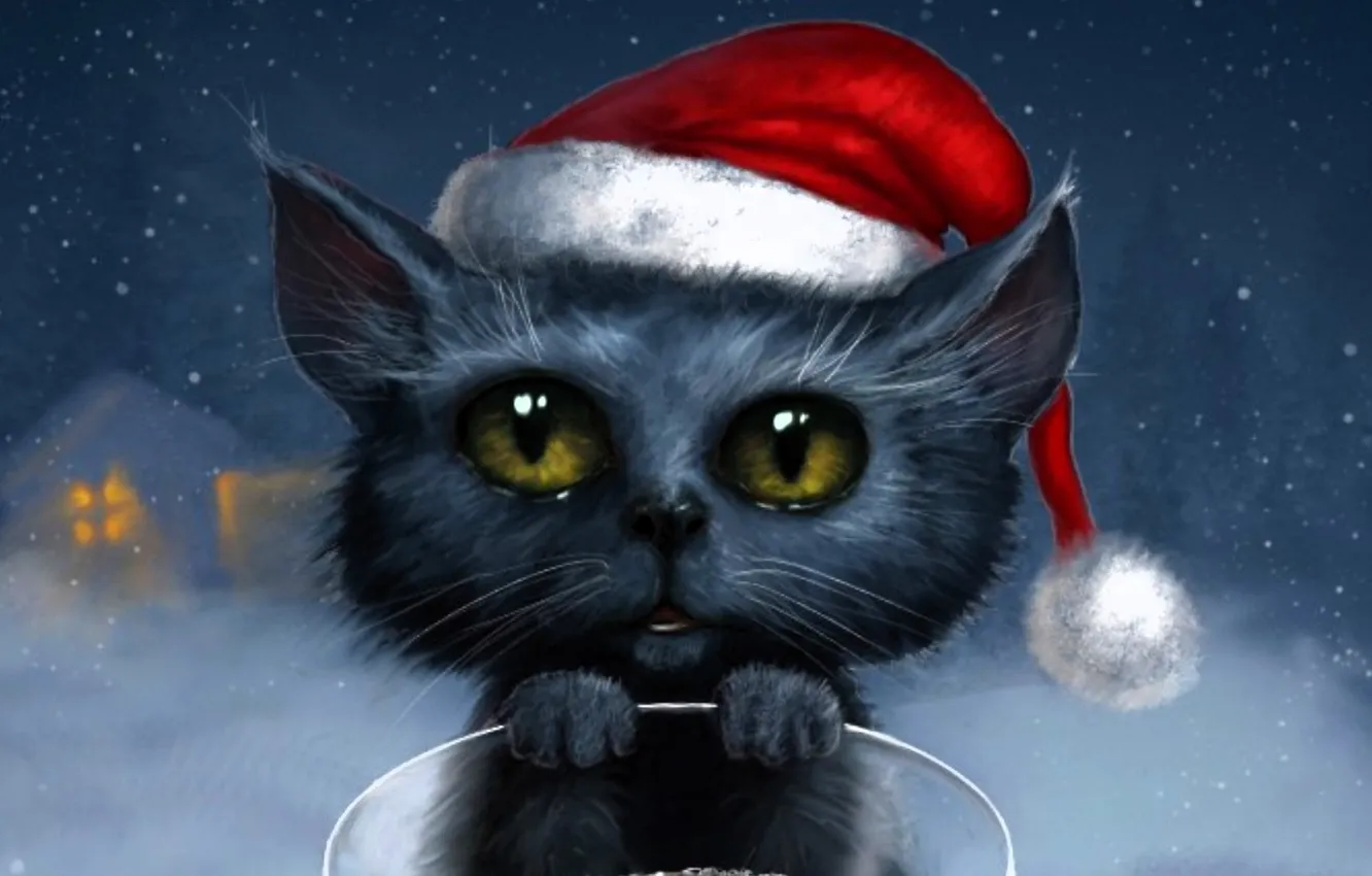 Photo wallpaper winter, cat, snow, hat, figure, bowl, cap