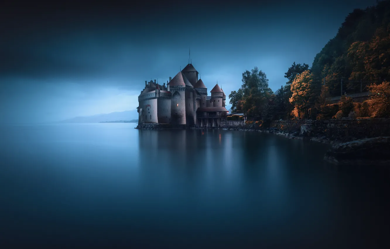 Photo wallpaper autumn, lake, castle, the evening