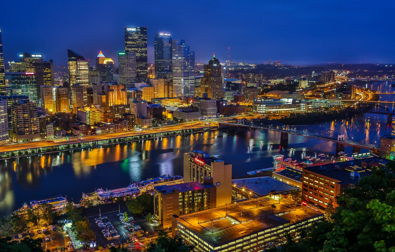 Photo wallpaper river, building, bridges, night city, PA, skyscrapers, Pennsylvania, Pittsburgh
