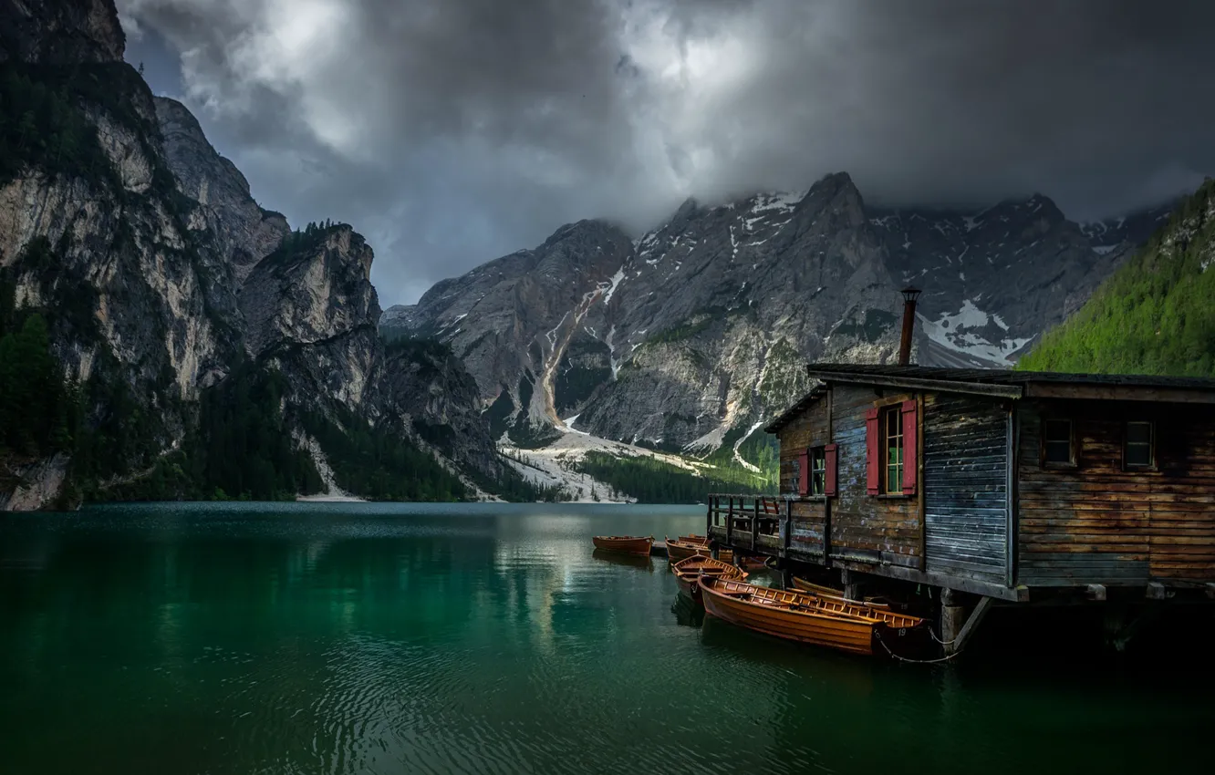 Photo wallpaper landscape, mountains, clouds, nature, lake, house, boats, The Dolomites