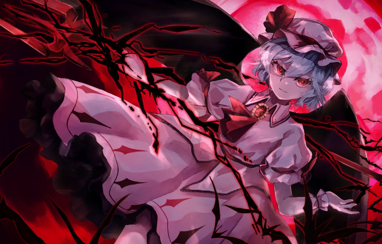 Photo wallpaper rod, red eyes, vampire, evil eye, Touhou Project, Remilia Scarlet, black magic, blood Moon