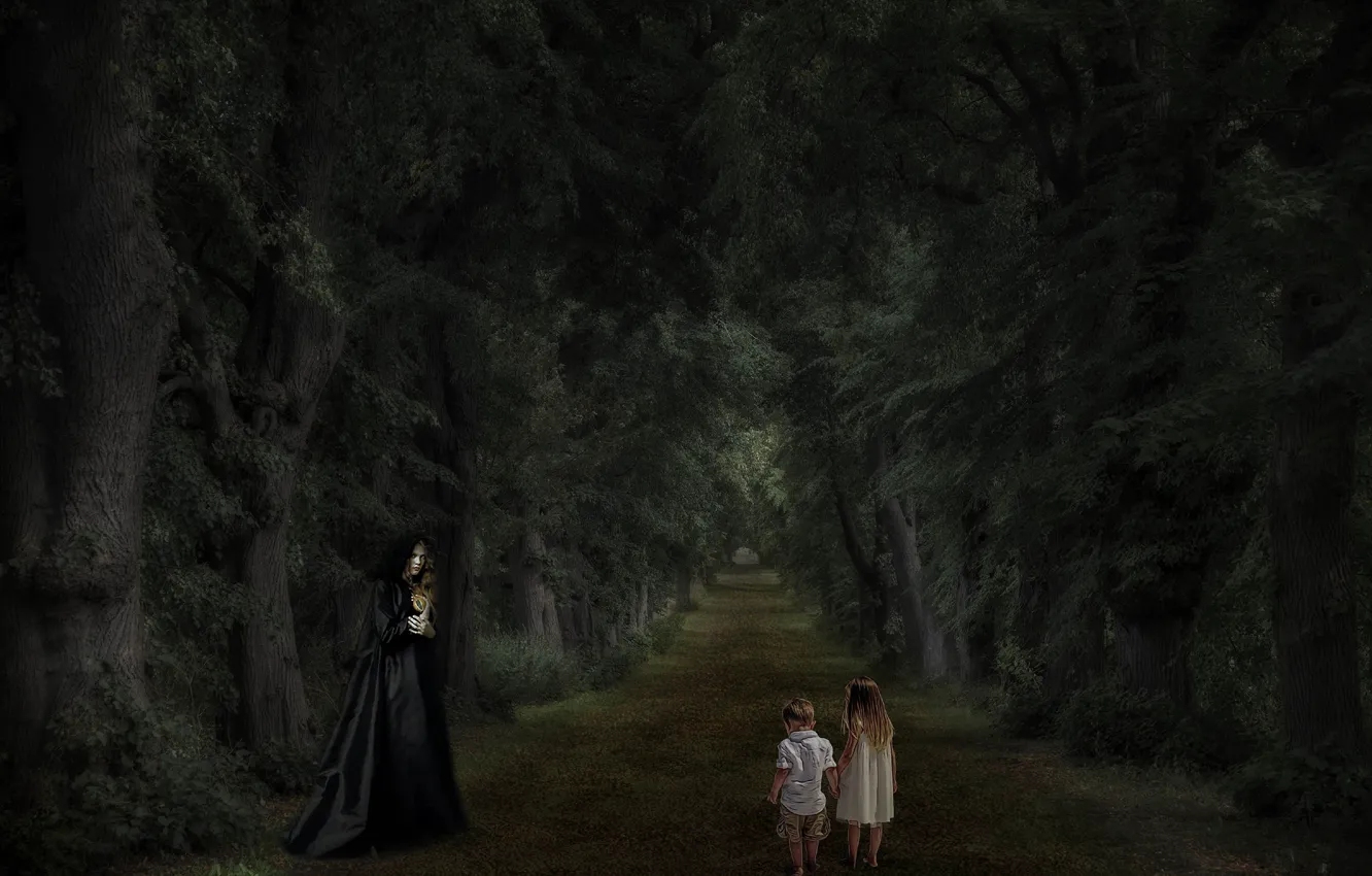 Photo wallpaper forest, look, trees, children, rendering, boy, baby, fantasy