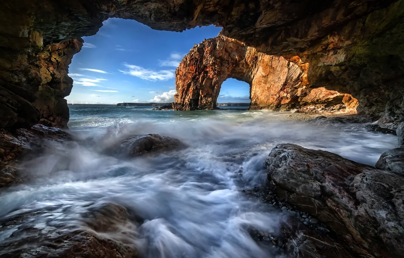 Photo wallpaper sea, wave, clouds, stones, the ocean, rocks, shore, surf