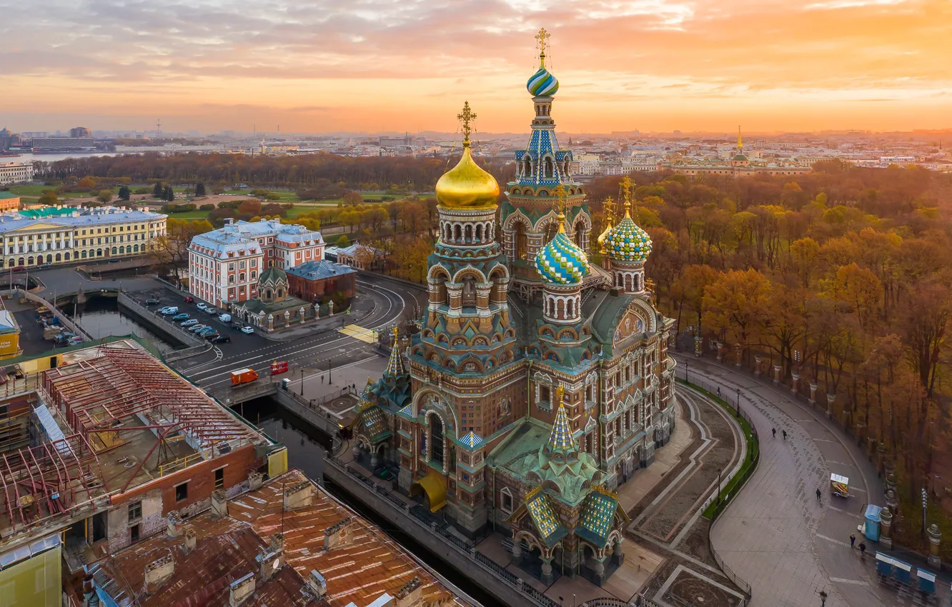 Photo wallpaper autumn, sunset, the city, building, home, Peter, Saint Petersburg, temple