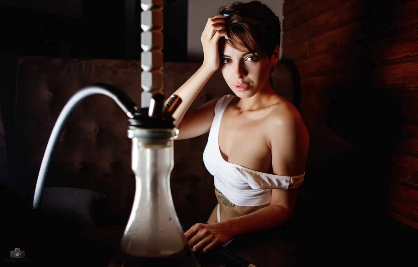 Photo wallpaper short hair, model, women, brunette, hands on head, looking at viewer, inked girls, Tania Frost