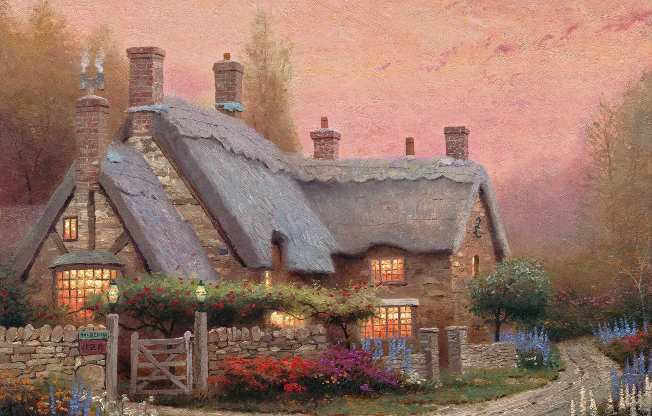 Photo wallpaper flowers, Thomas Kinkade, cottage, path, Mckenna's cottage