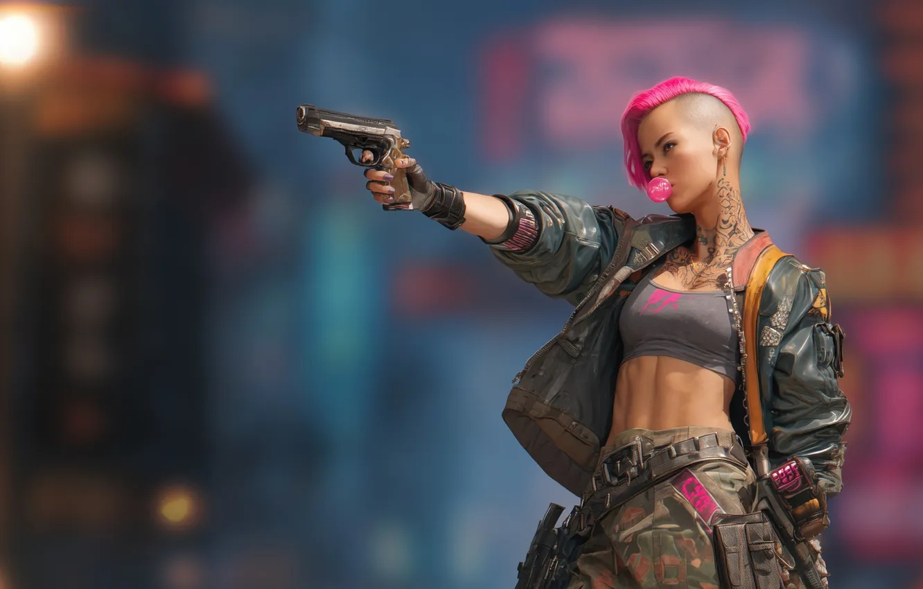 Photo wallpaper city, pink hair, cyberpunk, women, girls with guns, aiming, abs, depth of field