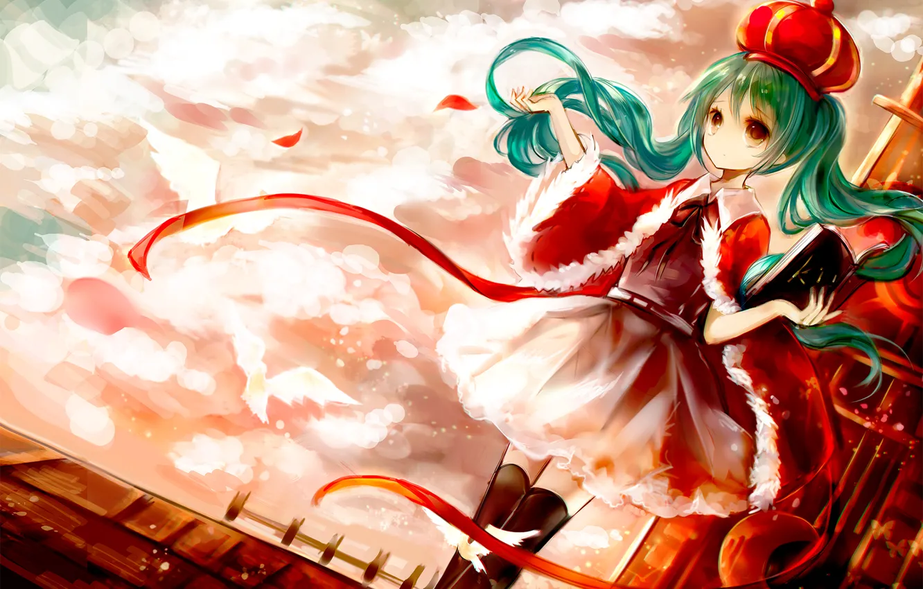 Photo wallpaper the sky, girl, clouds, birds, hat, anime, art, book