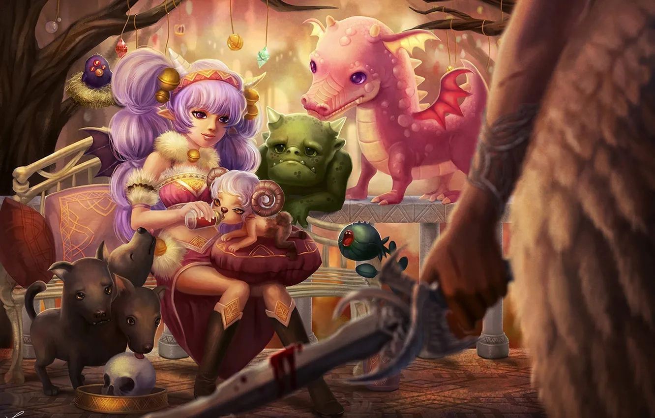 Photo wallpaper girl, blood, dragon, sword, pillow, being, art, horns