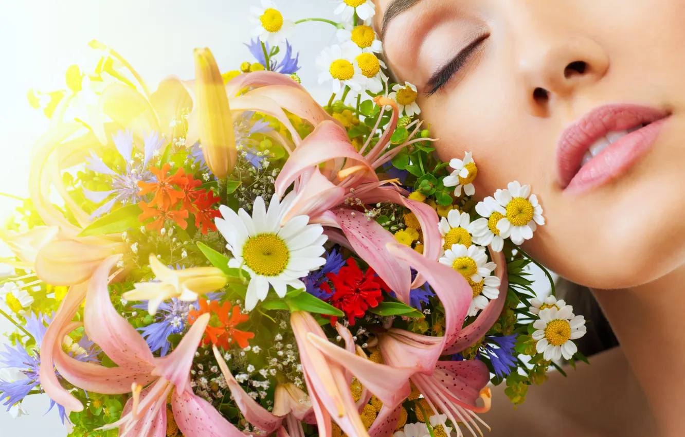 Photo wallpaper girl, Lily, chamomile, bouquet, cornflowers