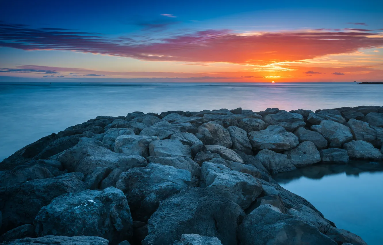 Photo wallpaper sea, sunset, stones, ridge