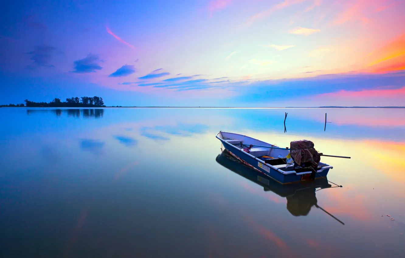 Photo wallpaper the sky, clouds, trees, sunset, lake, boat, island