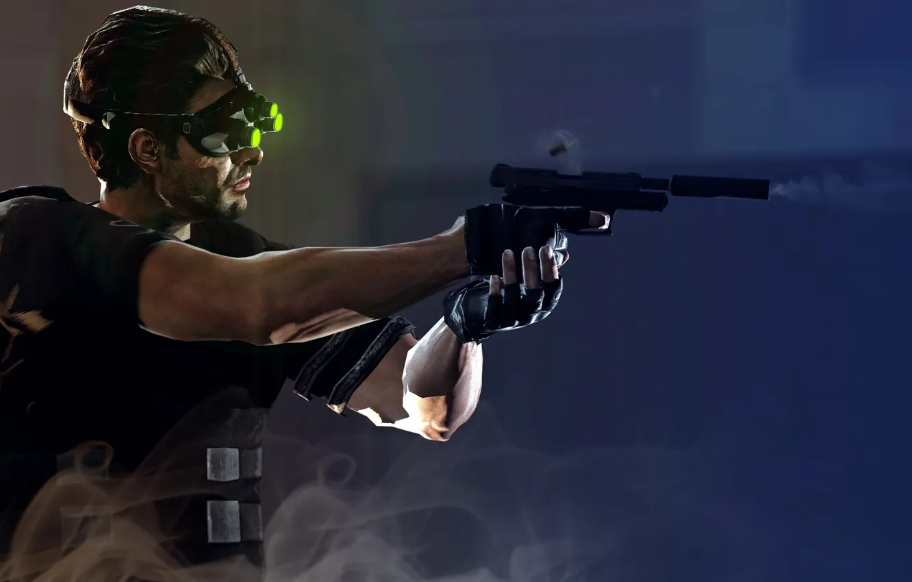 Photo wallpaper gun, weapons, the game, smoke, shot, profile, Splinter Cell, Sam fisher