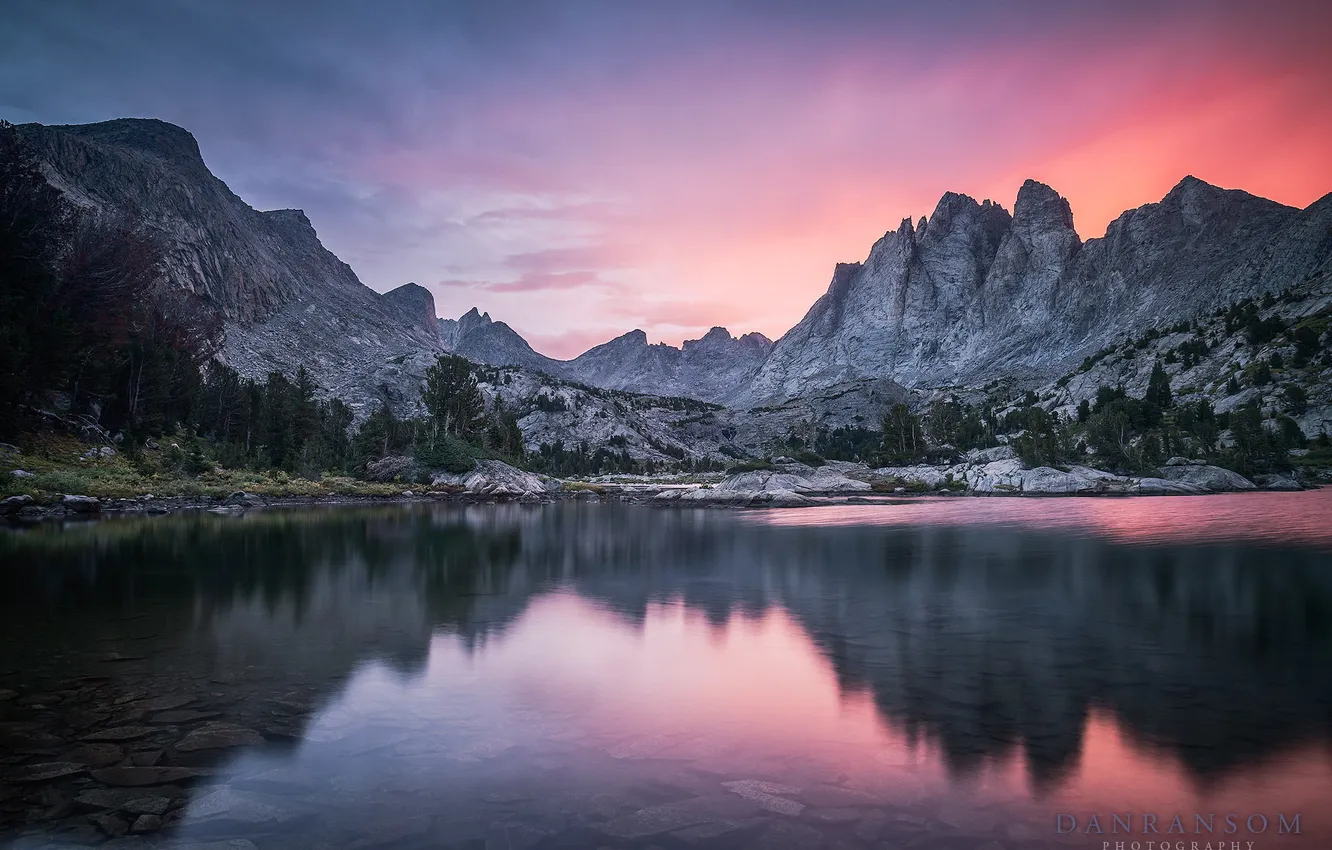 Photo wallpaper landscape, sunset, mountains, lake