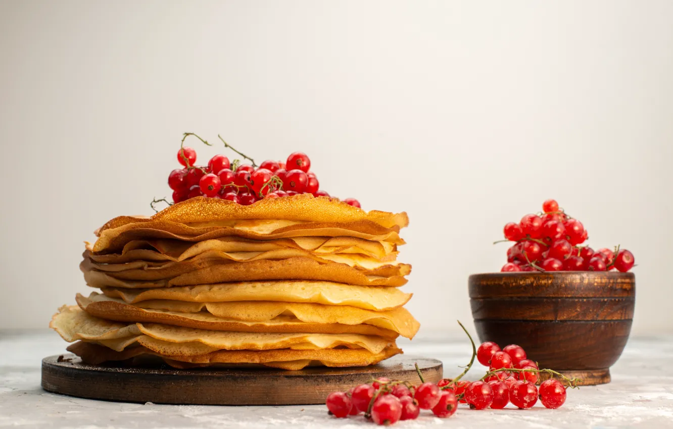 Photo wallpaper red, bowl, table, stack, stand, pancakes, berries, currants