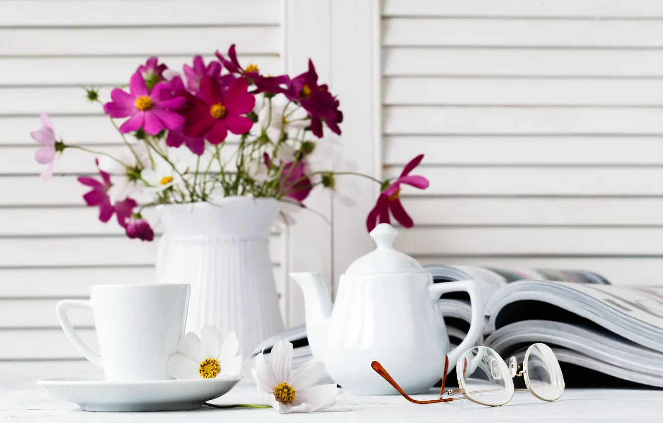 Photo wallpaper flowers, tea, glasses, Cup, vase, journal, Andrey Cherkasov