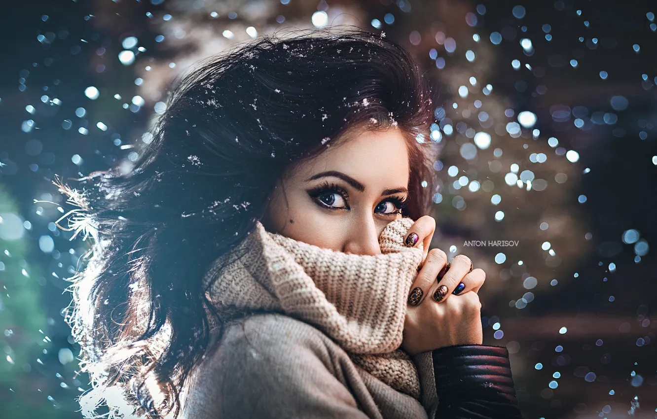 Photo wallpaper winter, eyes, look, girl, snow, sweater