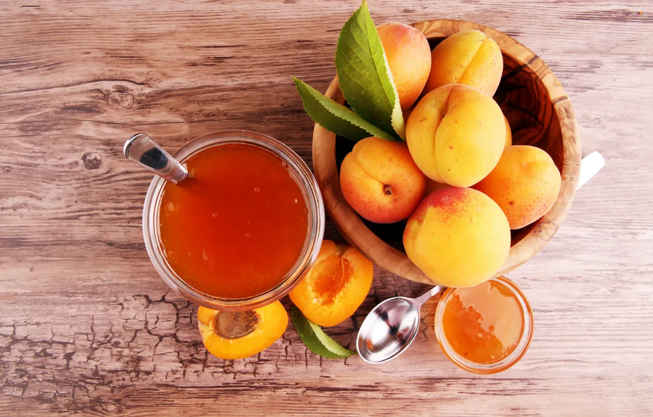 Photo wallpaper background, spoon, leaf, apricots, apricot jam