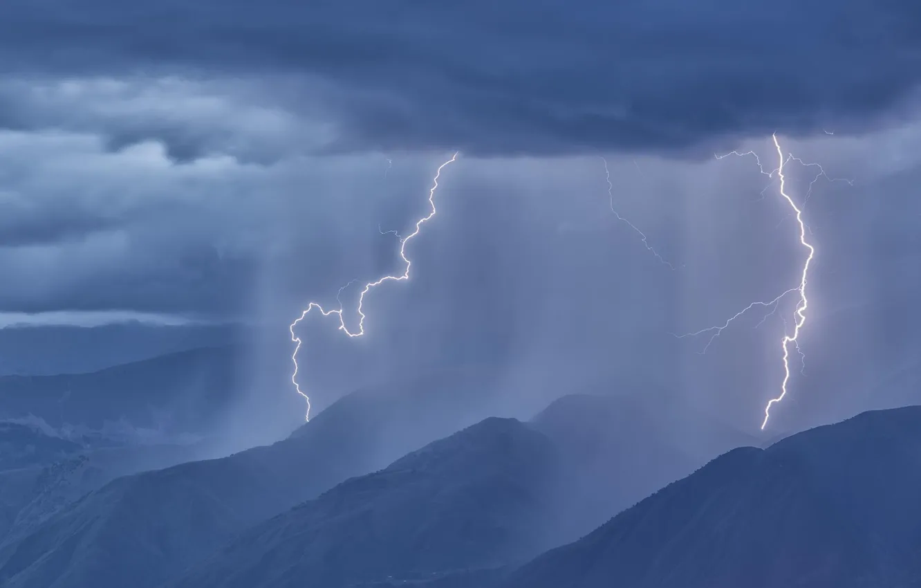 Photo wallpaper forest, mountains, clouds, rain, lightning, panorama
