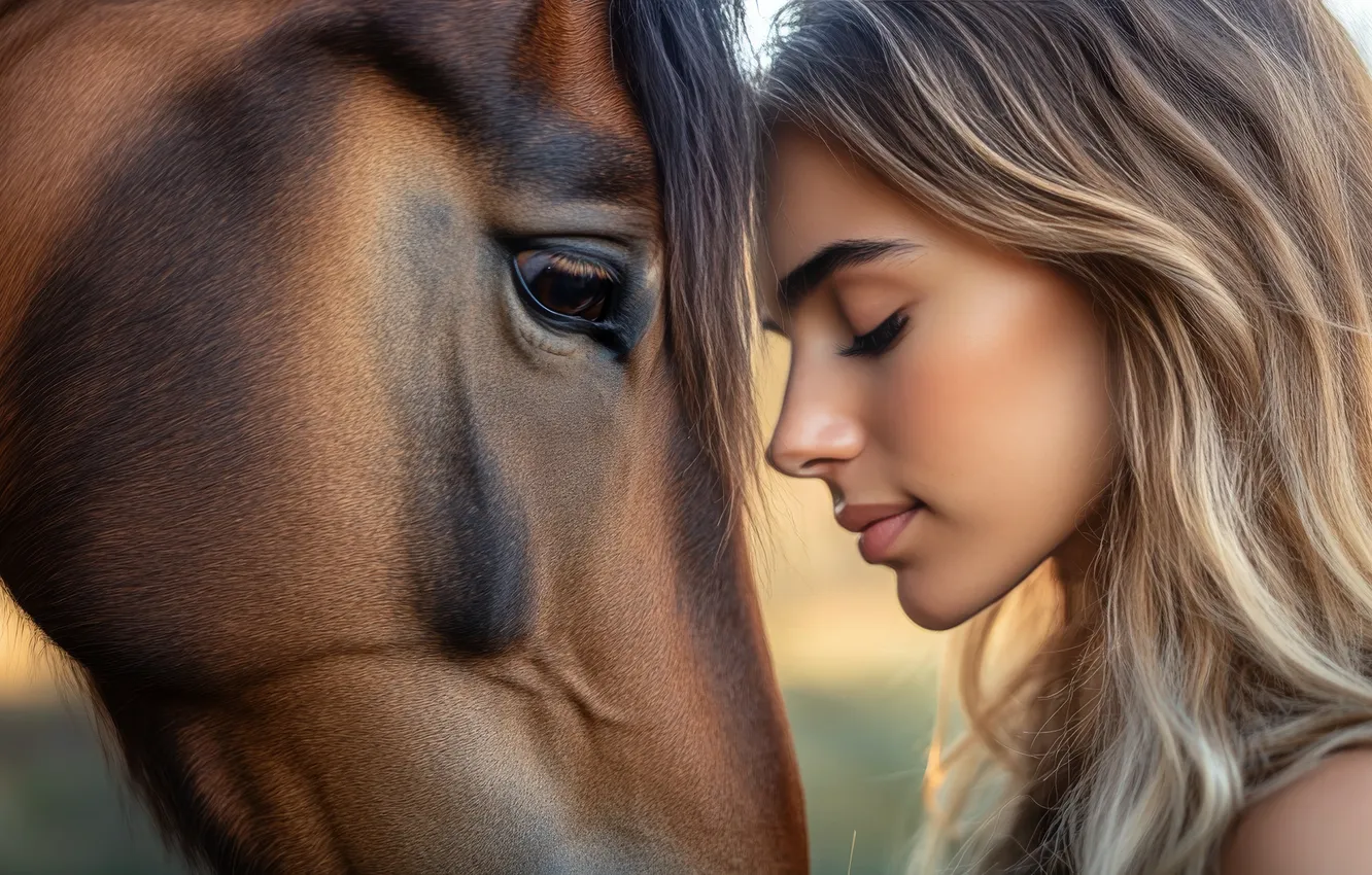 Photo wallpaper face, girl, face, eyelashes, horse, horse, blonde, profile