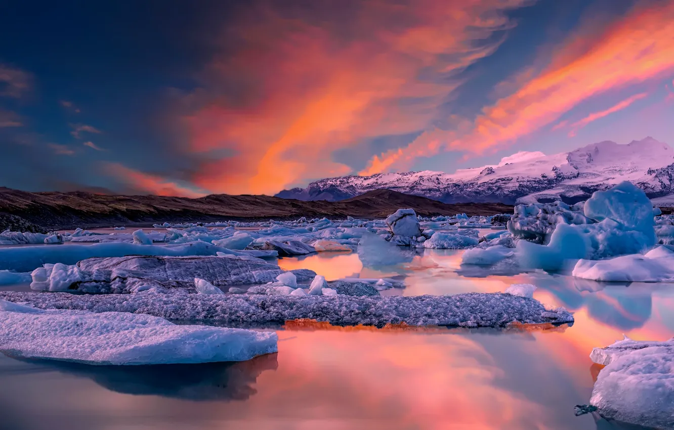 Photo wallpaper ice, sea, the sky, clouds, coast, glow, Iceland, blocks