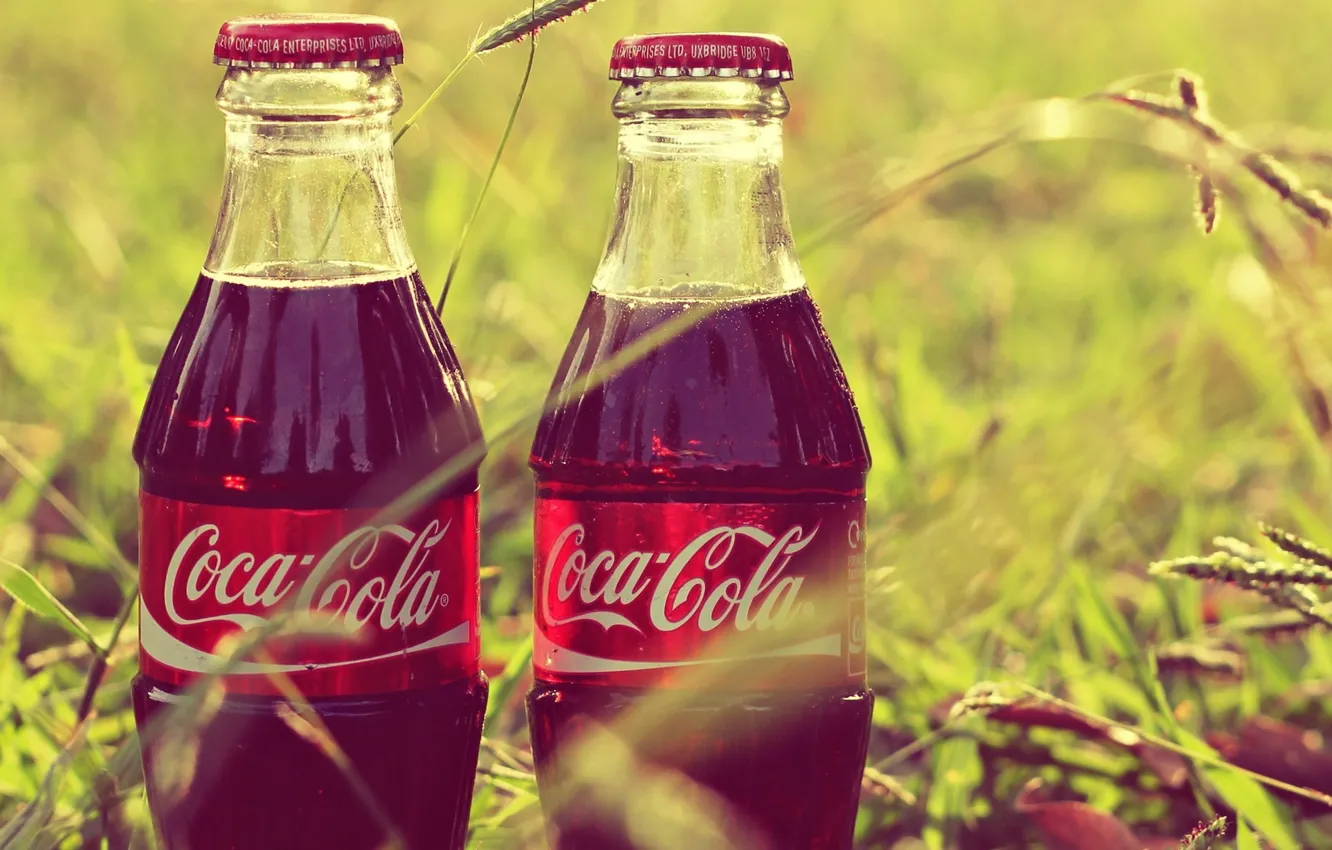 Photo wallpaper grass, bottle, coca-cola, Coca-Cola, label
