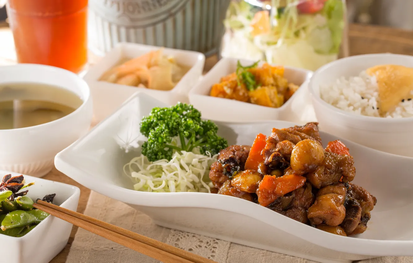 Photo wallpaper greens, food, meat, noodles