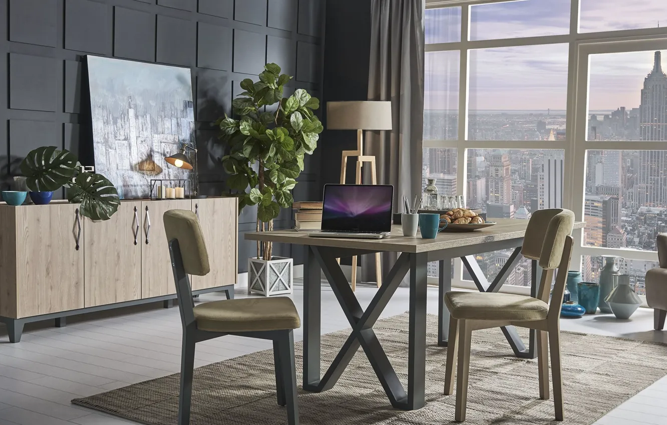 Photo wallpaper design, style, room, interior, skyscrapers, megapolis, dining room