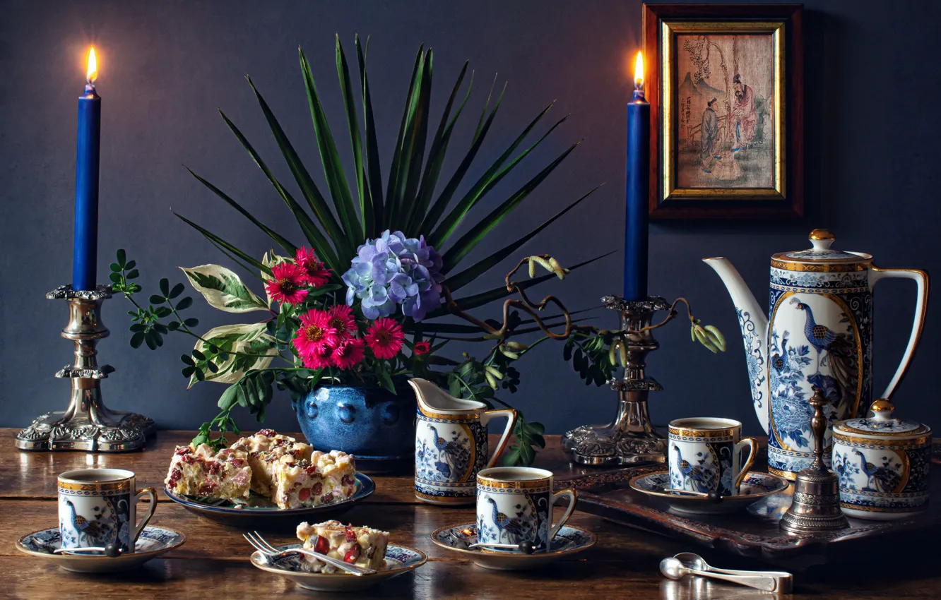 Photo wallpaper flowers, picture, candles, Cup, cake, dishes, still life