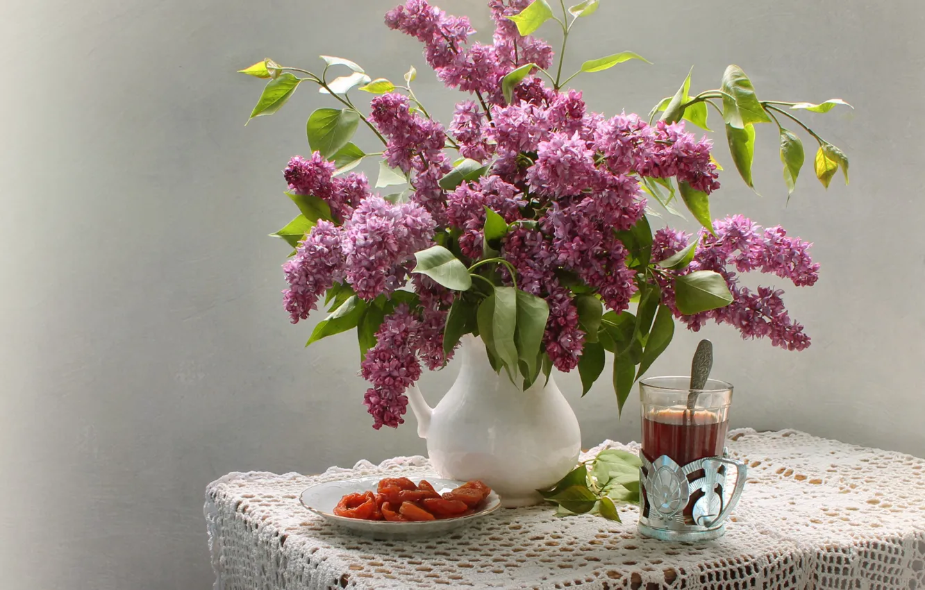 Photo wallpaper glass, table, tea, plate, spoon, vase, still life, lilac