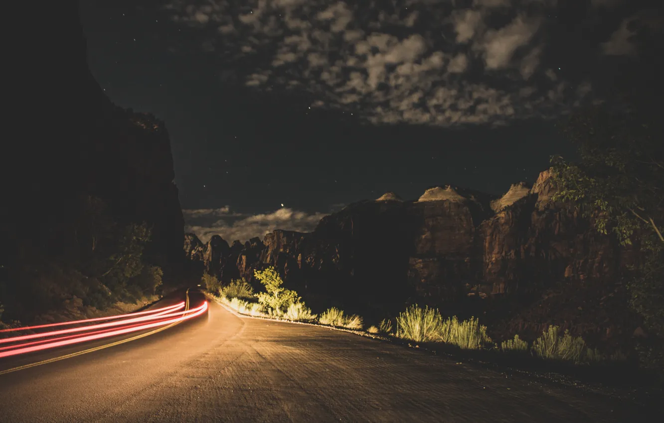 Photo wallpaper road, stars, mountains, night, night road, long exposure, long exposure, slow shutter