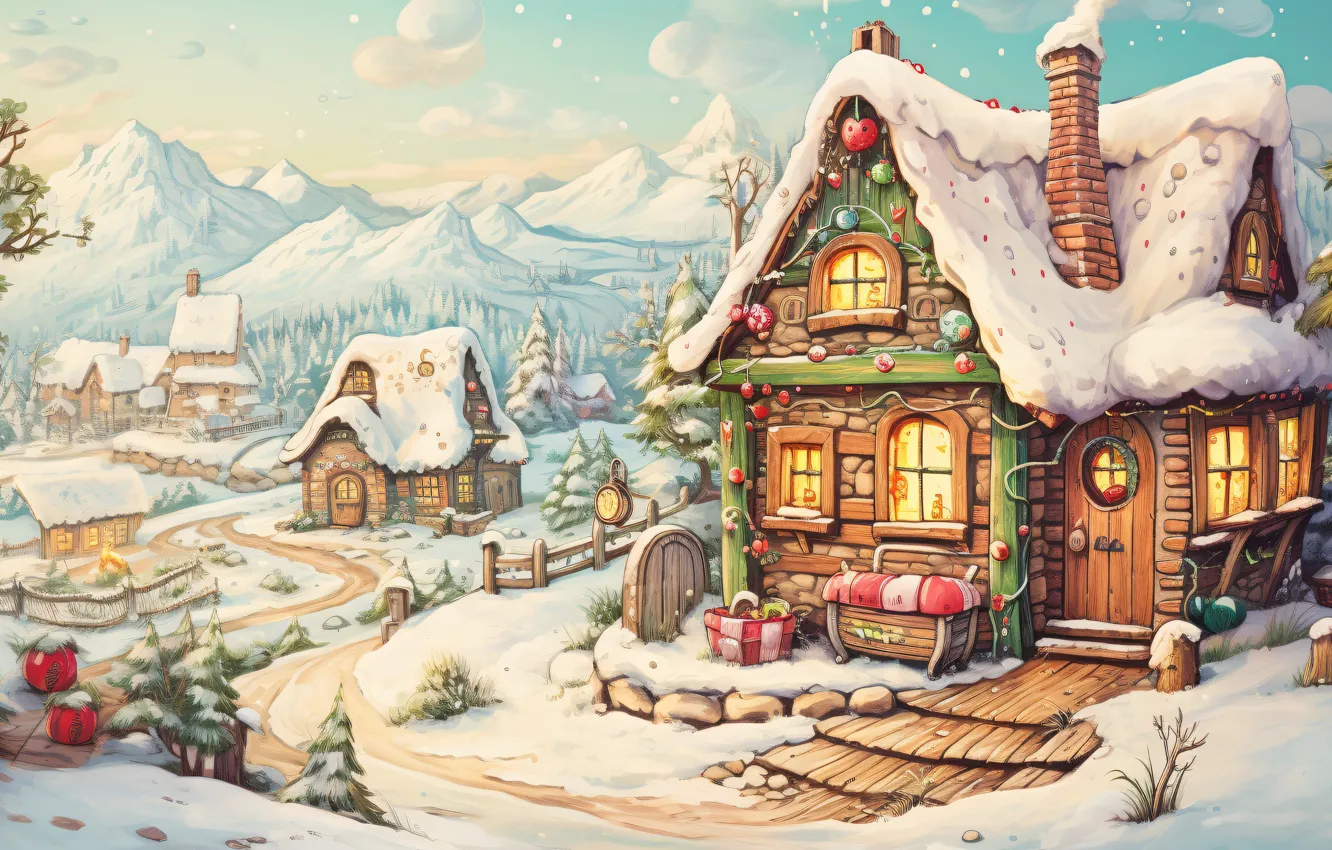 Photo wallpaper winter, snow, holiday, graphics, tree, new year, home, Christmas