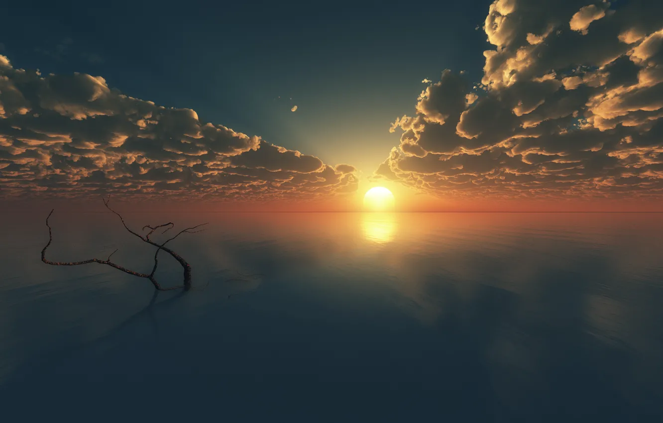 Photo wallpaper sea, the sky, the sun, clouds, landscape, sunset, horizon, snag