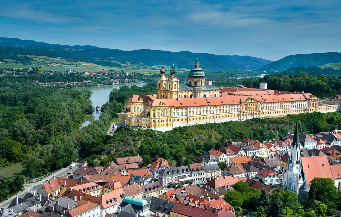Photo wallpaper mountains, river, home, Austria, the monastery, Abbey, Melk Abbey, Melk