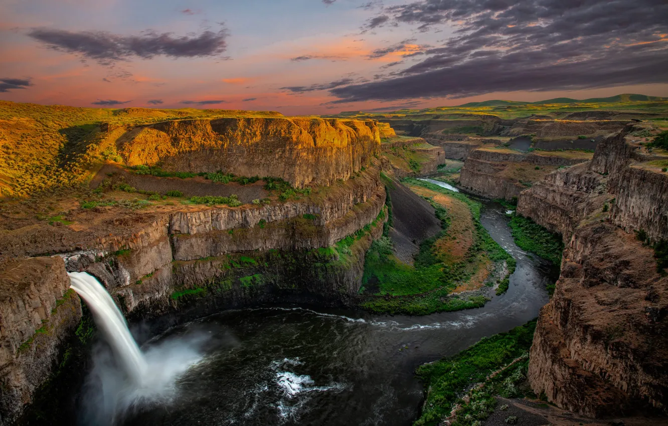 Photo wallpaper clouds, light, mountains, river, rocks, shore, height, waterfall