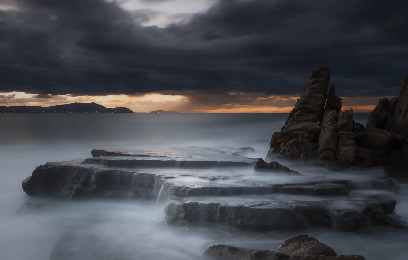 Photo wallpaper sea, rocks, dawn, coast