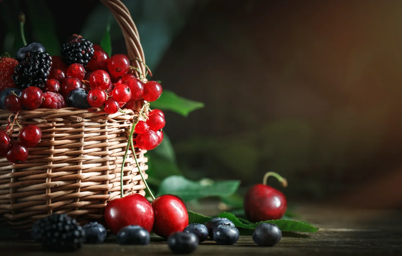 Photo wallpaper berries, table, basket, fruit, ripe