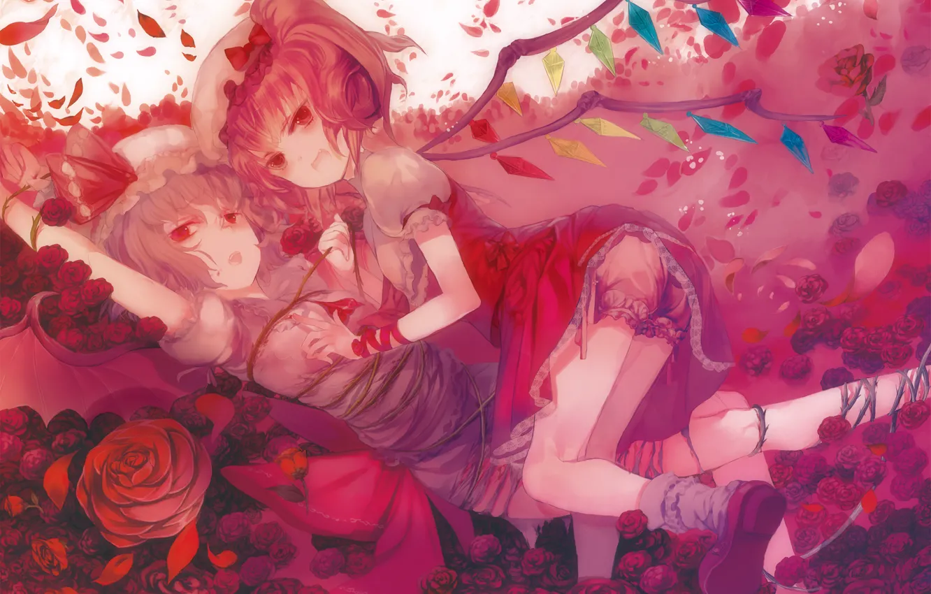Photo wallpaper flowers, wings, vampires, touhou, connected, remilia scarlet, flandre scarlet, Touhou