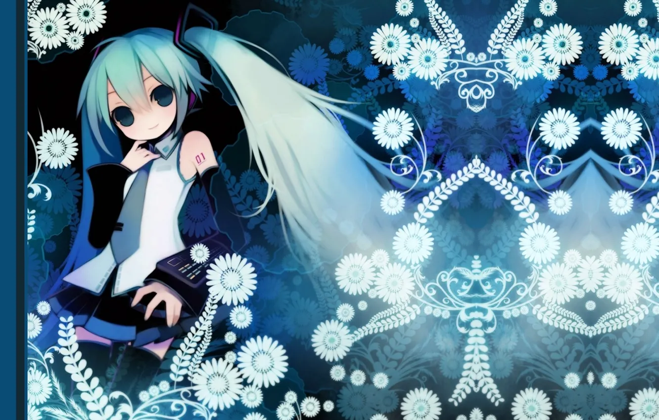 Photo wallpaper smile, lights, tie, vocaloid, hatsune miku, Vocaloid, blue hair, floral pattern