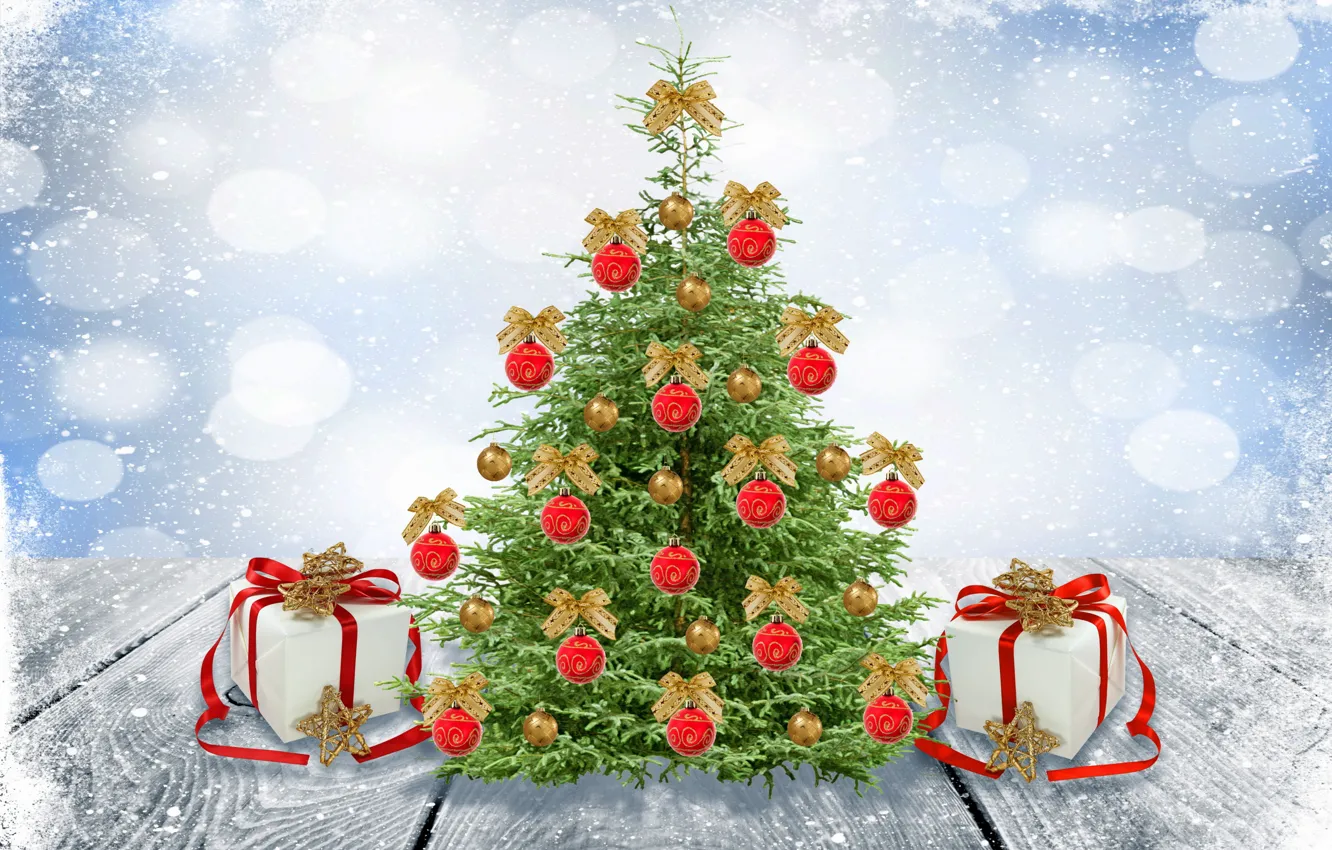 Photo wallpaper winter, snow, balls, toys, tree, New Year, Christmas, Christmas