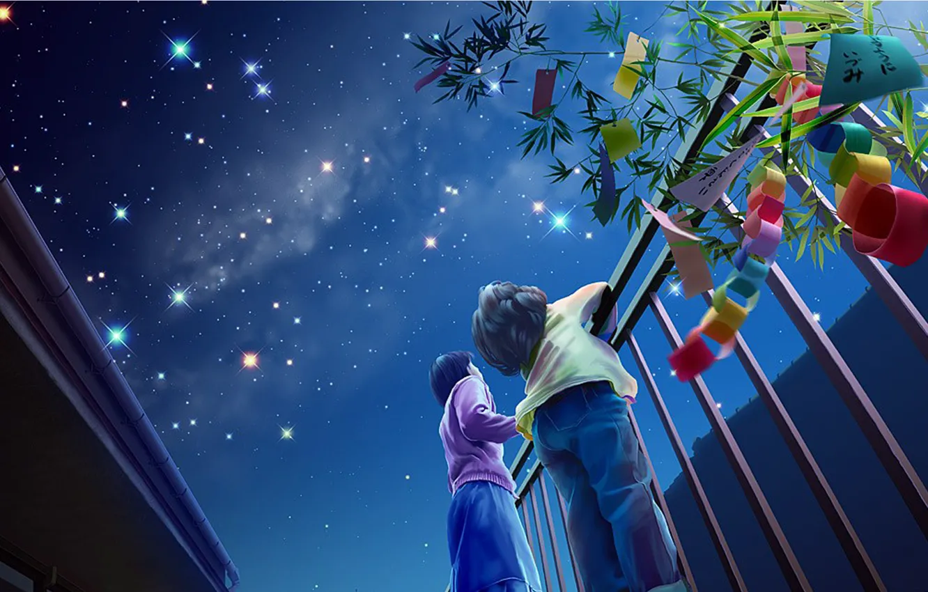 Photo wallpaper night, children, holiday, starry sky, Yutaka Kagaya, yutaka kagaya