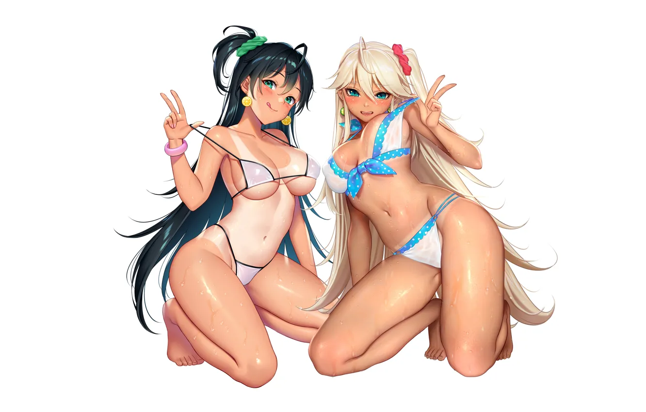 Photo wallpaper sexy, cleavage, green eyes, long hair, girls, boobs, anime, blue eyes