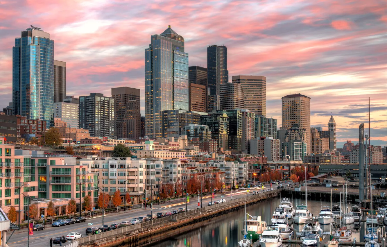 Photo wallpaper the city, home, Bay, yachts, Downtown Seattle